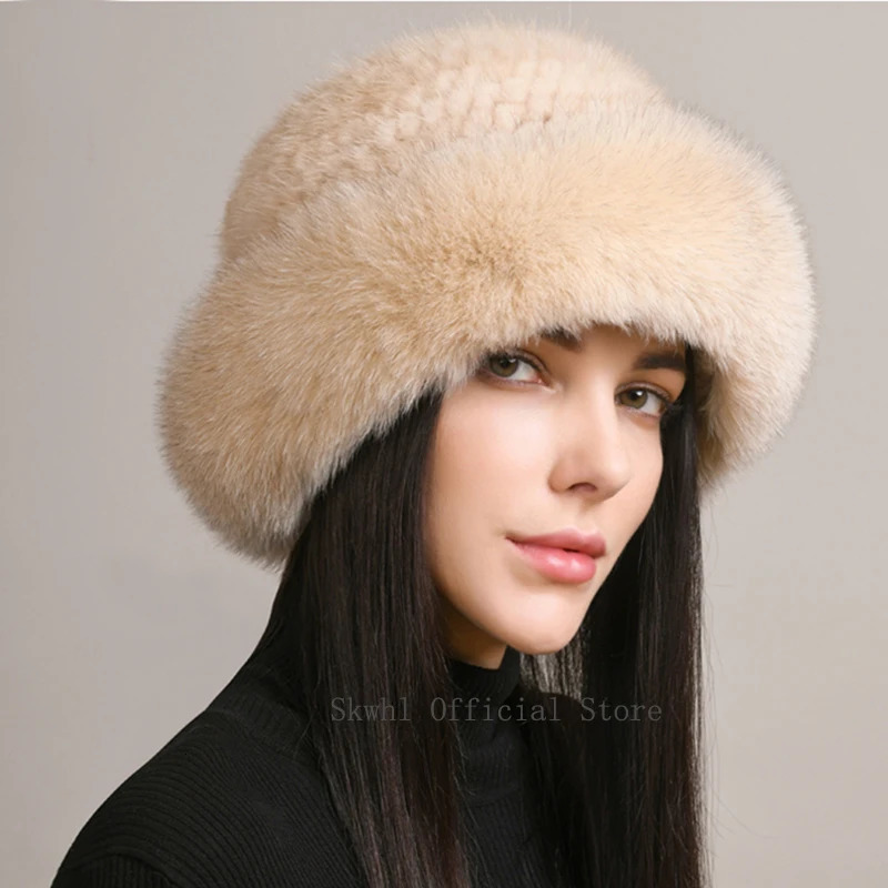 Genuine Real Natural Knitted Mink Fur Hat Cap Women Handmade Knit Fashion Winter Headwear Warm Real Fox Fur Beanies 251028