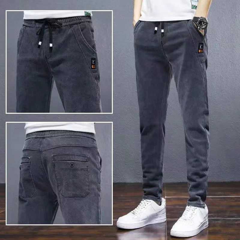 2024 Mens Comfortable Elastic Waist Denim Pants Plush Thermal Autumn Winter Harem Trousers Fashion Narrow Leg Gray Jeans Male J251030