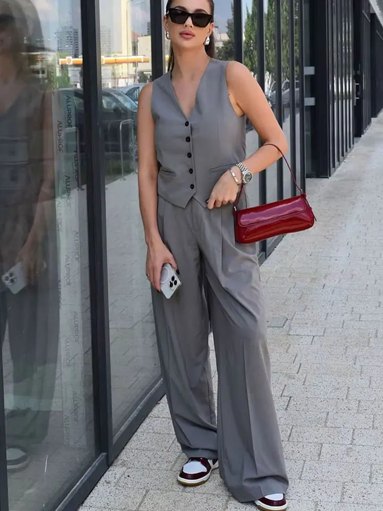 HH Autumn Womens Elegant Solid Pants Set Sleeveless VNeck Single Breasted VestHigh Waist Straight Pants Fashion Suit 251029