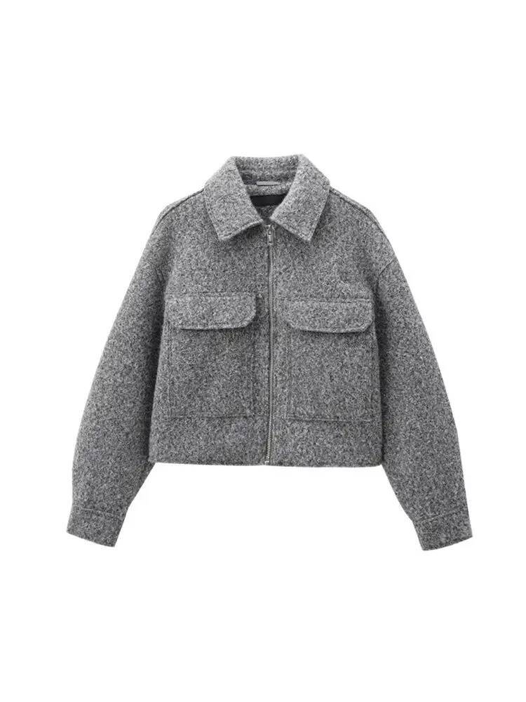 winter jacket women Cropped Jacket with Pockets for Women, Long Sleeve Coat, Front Zipper, Female Outerwear, Chic Tops, Fashion