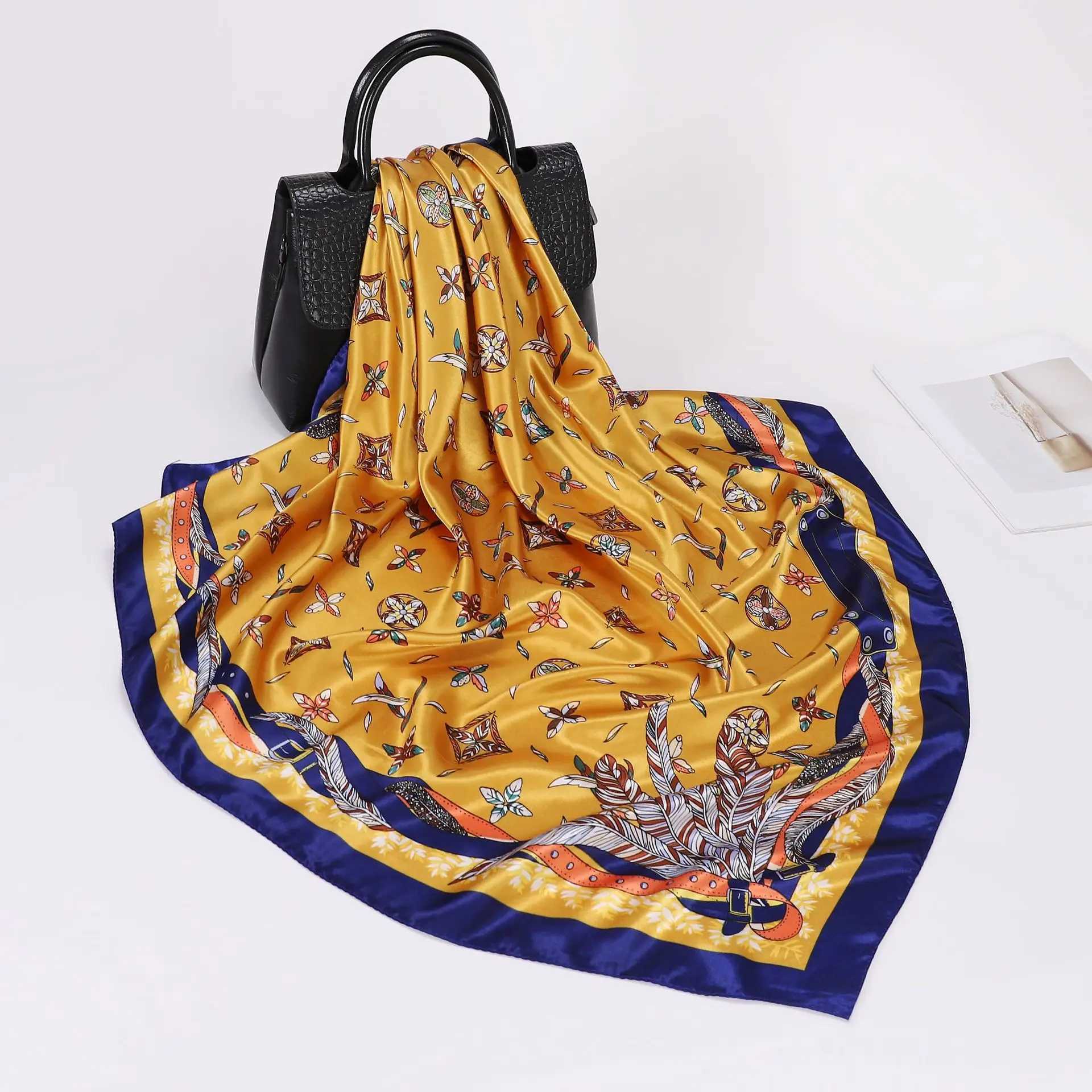 Faux Silk Scarf for Women 90x90cm Square Patterned Neck Wrap Lightweight Shawl Fashionable Head ScarfW251029