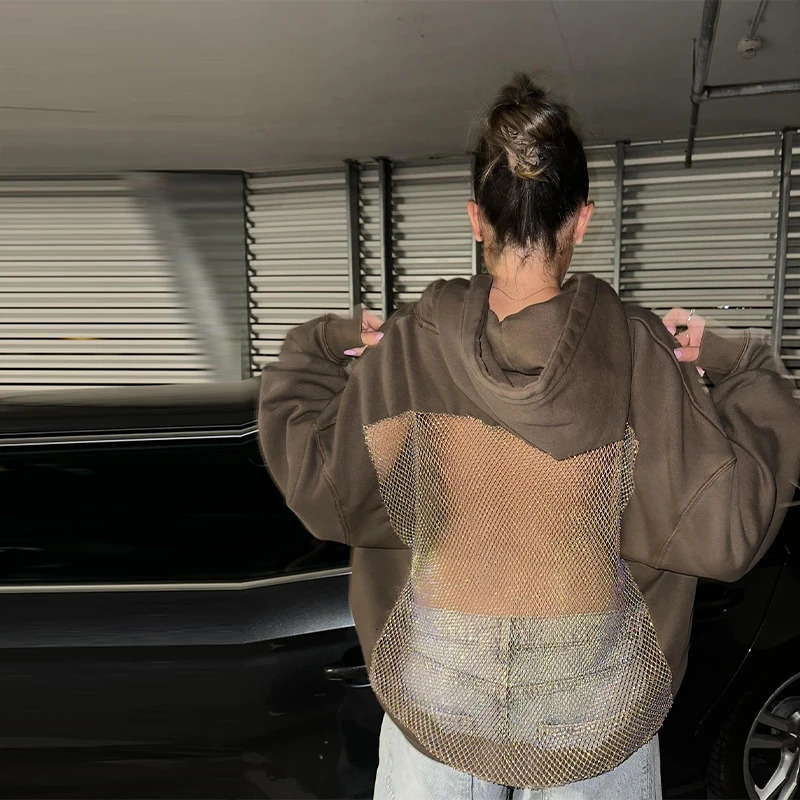Women Backless Long Sleeve Gothic Sweatshirt Sexy Hollow Mesh Hoodie Shiny Translucent Y2K Pullover 2025 Lady Spicy Girl Top 251030