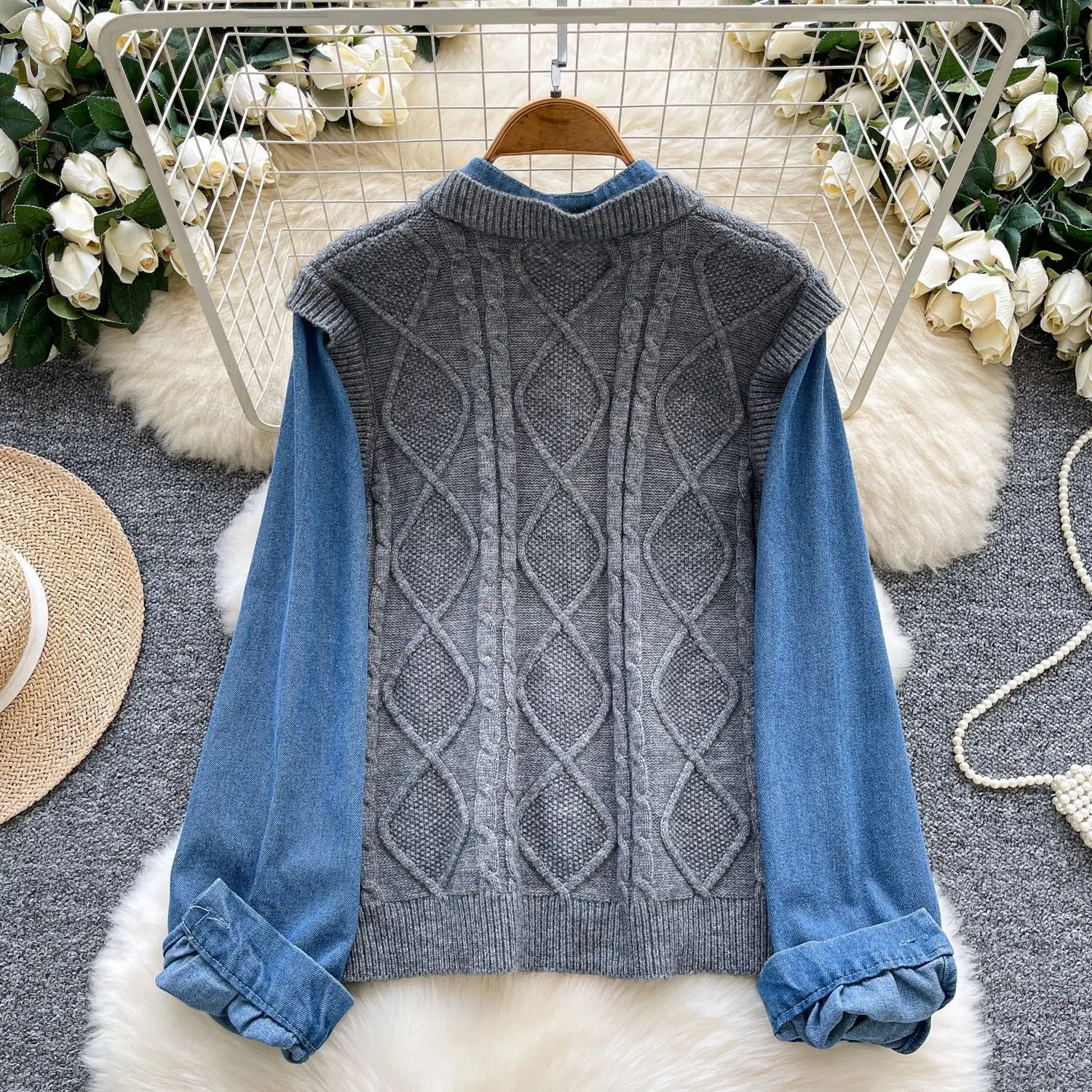 Cardigan Women Sweaters Coats Two s Jackets Full Sleeve Jumpers Y2k Streetwear Elegant Knit Denim Splice Autumn Winter 251029