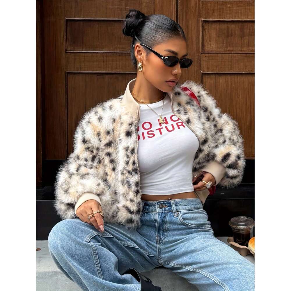 Women S Real Fur Like Faux Jacket With White Collar Leopard Print Winter Coat Belted Waist No Stretch For Fall Winter Warmth Casual Dressy Outerwear H