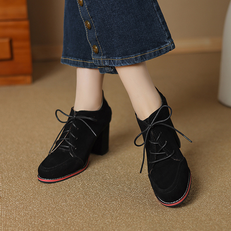 2025 Spring and autumn lace-up round toe thick heel deep mouth shoes versatile and comfortable plus-size women's shoes with heightened super high