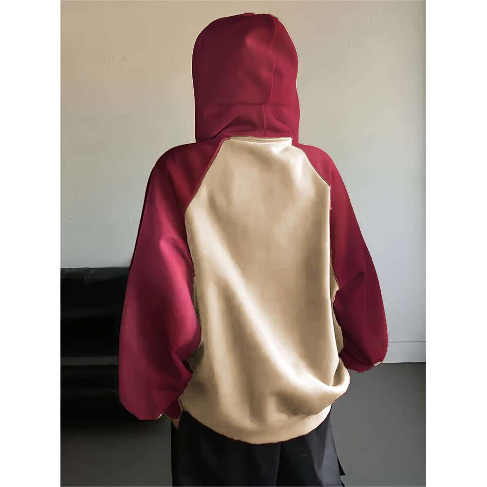 Women S Y K Color Block Hoodie With Wealth Letter Print Maroon Loose Fit Raglan Sleeve Pullover Hine Washable Casual Streetwear For All Seasons