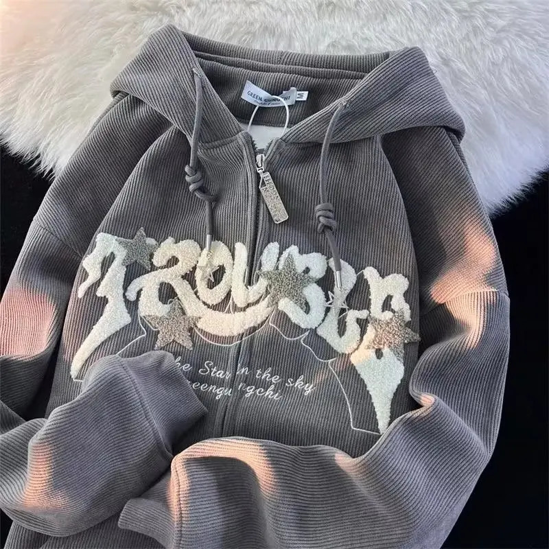 Autumn Long Sleeve Hooded Tops Fashion Zipper Embroidery Y2K Harajuku Streetwear Hoodies Jackrts Women Loose Sweatshirts 251030