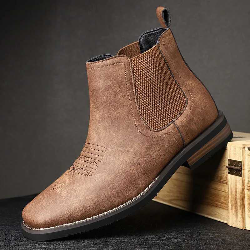 New Retro Chelsea Boots Men Shoes PU Brown Embroidery Business Casual British Style Street Urban Wear Classic Black Ankle Boots Z251029