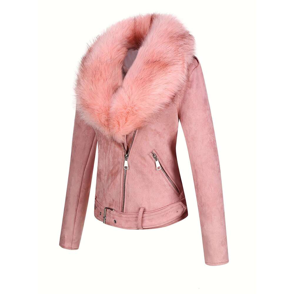 Women S Autumn Winter Short Jacket Faux Fur Hood Suede Material Polyester Elastane Solid Color Long Sleeve Windbreaker Style Woven Vintage Biker