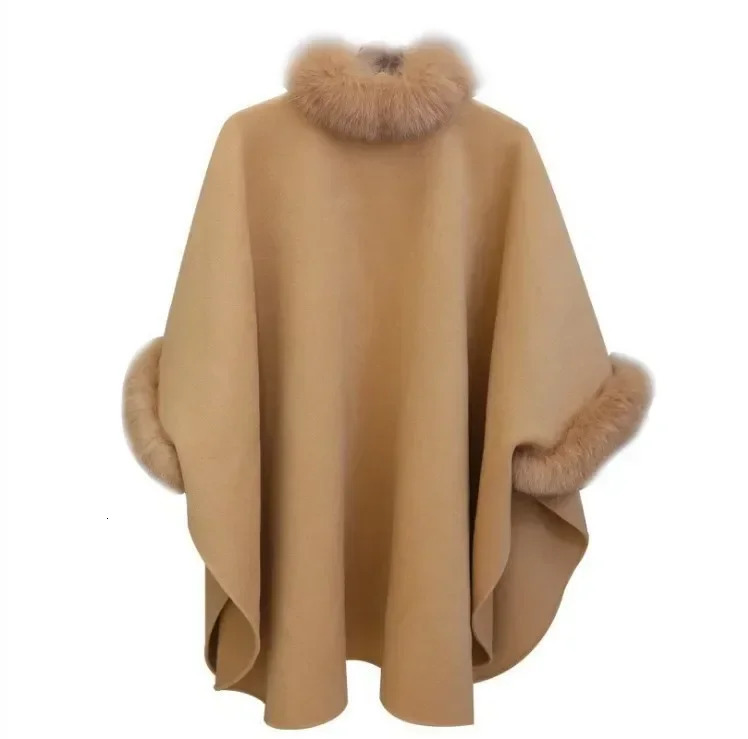 Winter Fashion Korean Version Fox Fur Collar in Long Woolen Bat Sleeves Coat Solid Color Temperament Cloak Cape Coat Women 251029