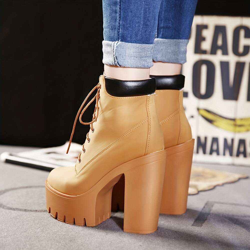 Women's Chunky Heeled Short Boots, Round Toe Lace Up High Heels, Solid Color Platform Shoes