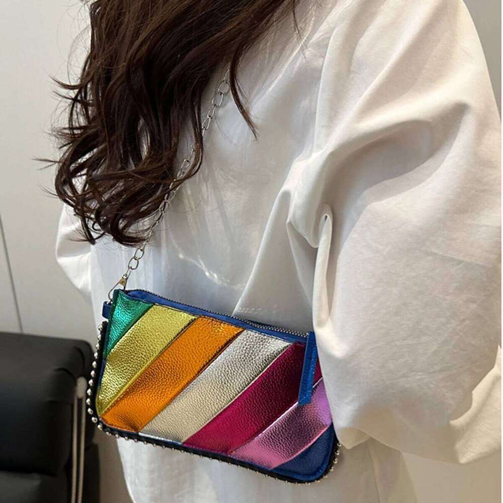 Rivet Shoulder Contrast Rainbow Splice Crossbody Designer Handbag Fashion Trend Colorful Flap Women's Twill Chain Bag