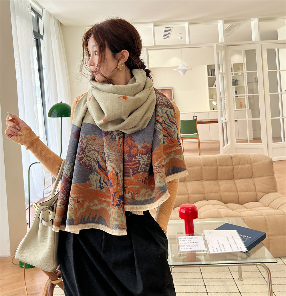 Korean Style Artistic Landscape Pattern Scarf Autumn And Winter Double Sided Thick Warm Large Shawl Scarf Retro Aesthetic Versatile Scarf