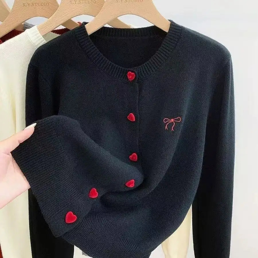 Women Knitted Cardigan Bow Embroidery ONeck Single Breasted Heartshaped Button Sweater Korean Casual Solid Knitting Tops 251029