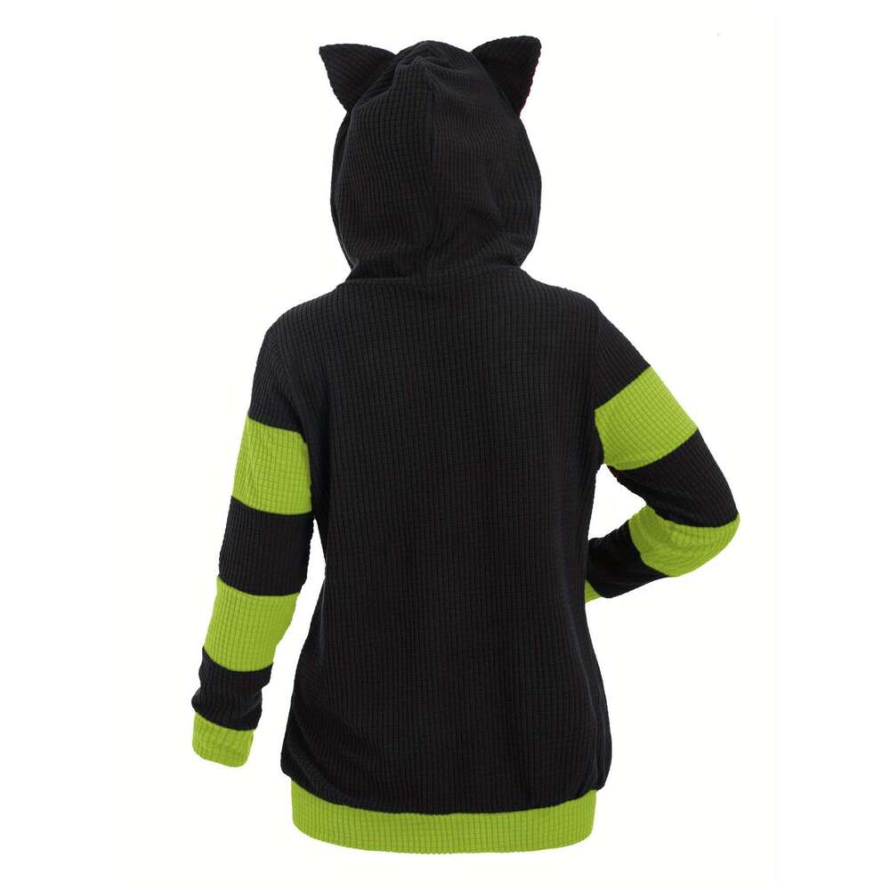 Women S Anime Hooded Sweatshirt Thickened Hoodie Coat With Front Zipper Closure Black Bury Colorblock All Season Layering Piece For Casual Outfits The