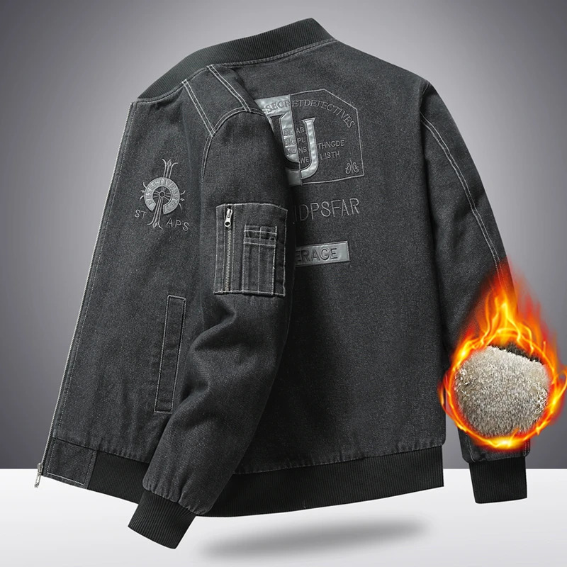 Retro Men Cargo Denim Jacket Autumn Winter Embroidered Plus Velvet Fashion Casual Male Coat Warm Trend Versatile Top Clothes 251023