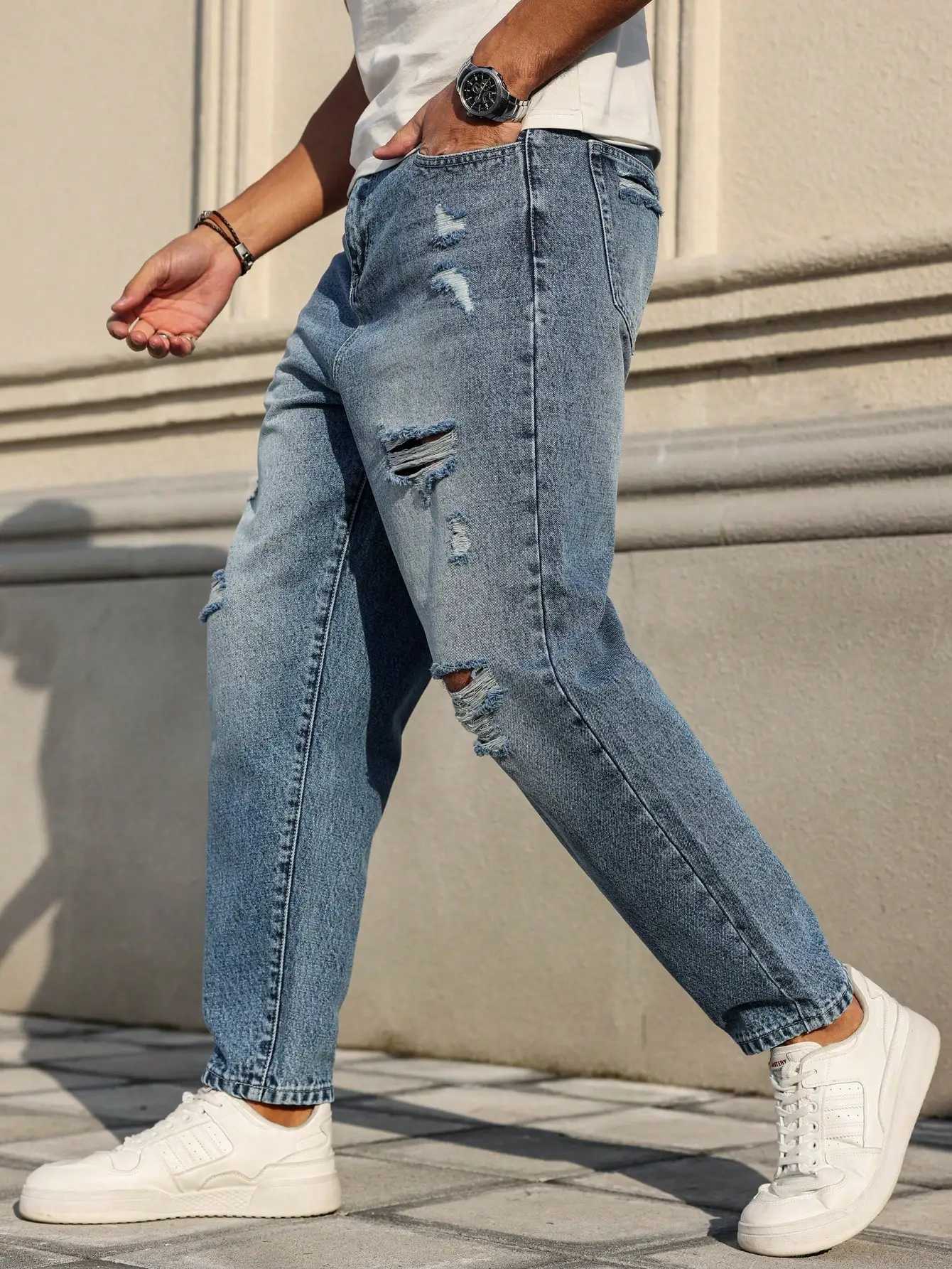 Mens blue ripped jeans retro distressed beggar pants street trend loose harem pants J251030