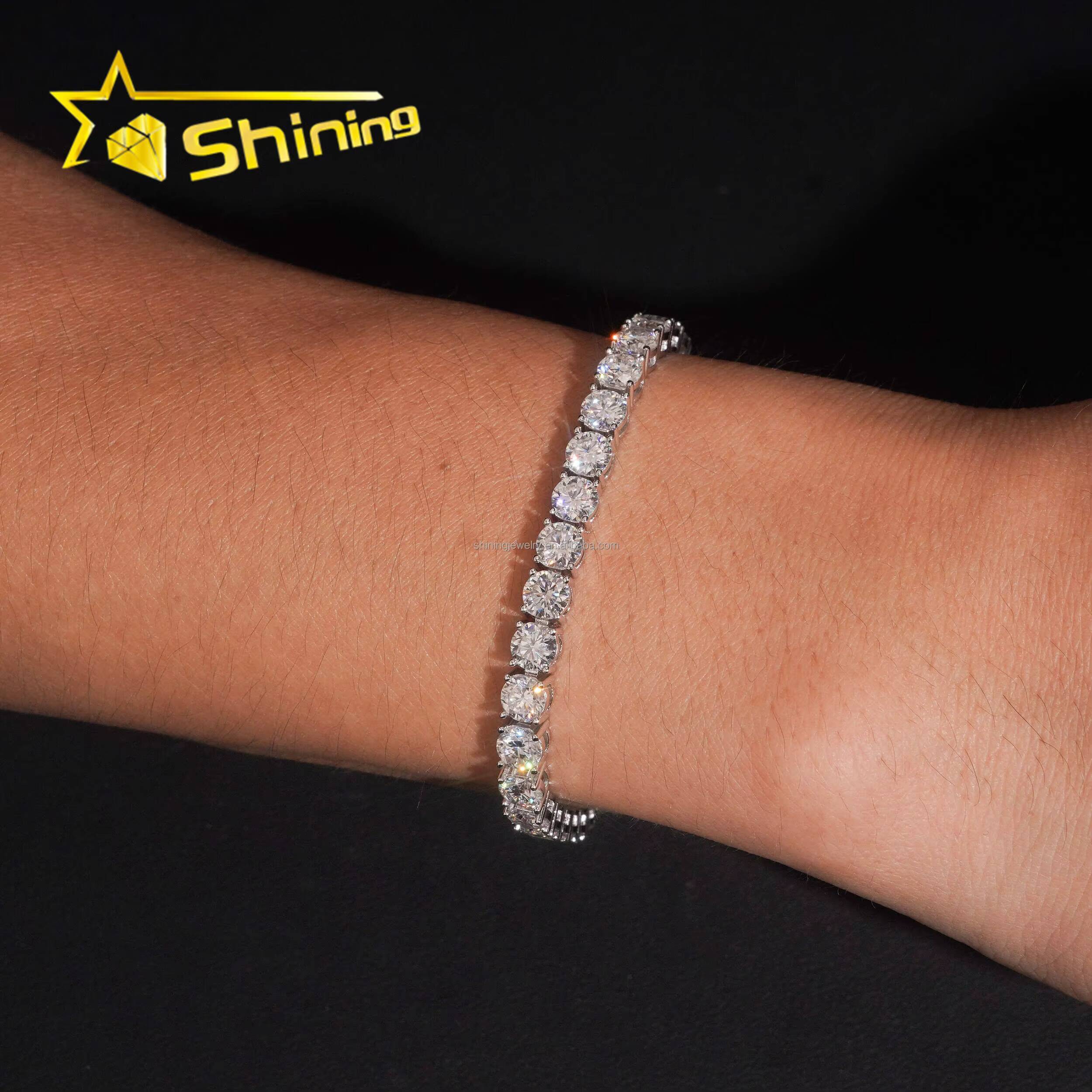 In Stock Ship in USA Warehouse Hip Hop Fire Jewelry FL 5mm Moissanite Prong Setting S925 Solid Silver Iced Out Tennis Bracelet Designer's style