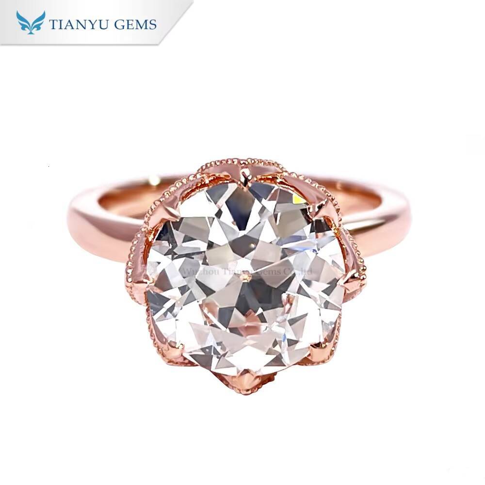 Tianyu Gems 14k Rose Gold Round Old Europe Cut 90mm 3ct Moissante Diamond Tulip Design Engagement Ring for Women