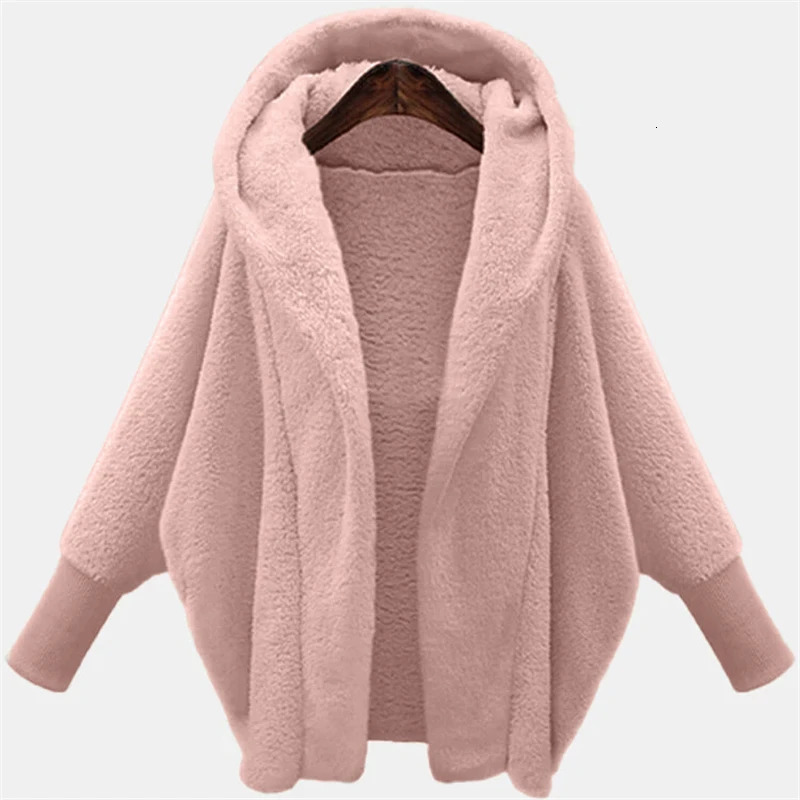 Autumn and Winter Plush Jacket for European American Women Solid Color Long Sleeved Hooded Loose 251028