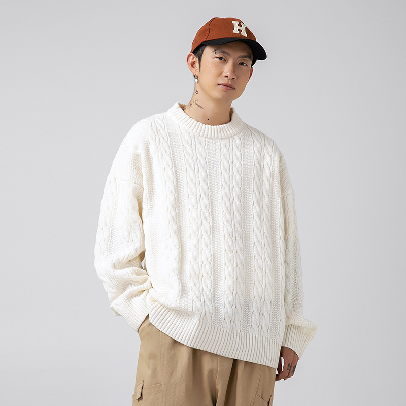 Hanlu Men's Cable Knit Solid Color Crew Neck Sweater Designer Sweater Unisex Autumn Winter Loose Knitwear Cardigan