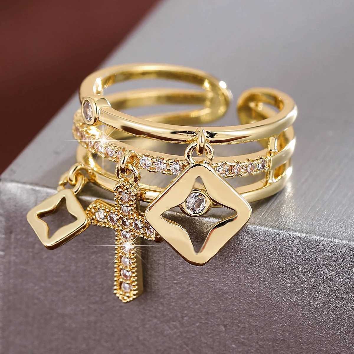 Unique crucifix Multi Layer Opening Ring Adjustable Womens Ring with Synthetic ZirconiaW251030