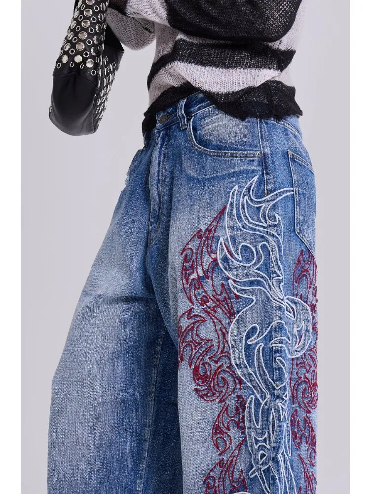 HOUZHOU Y2k Graphic Embroidery Vintage Women Jeans Oversized Hip Hop American Style Streetwear Wide Leg Denim Trousers Harajuku 251029