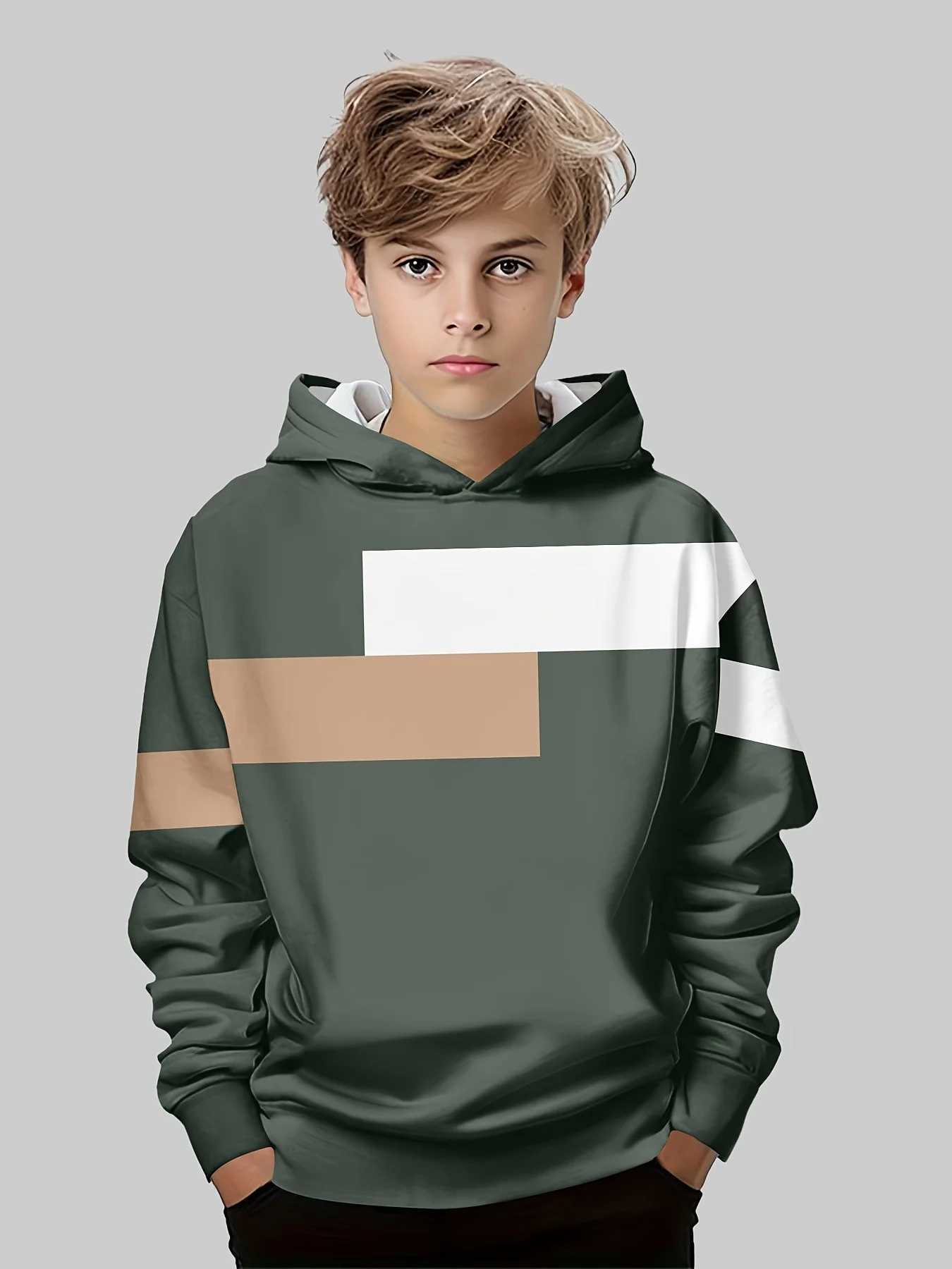 Boys Hoodie Stripe Printed Pullover Long Sleeve Thin Hooded Sweatshirt for Autumn Casual Versatile Classic Color Matching DesignT251030