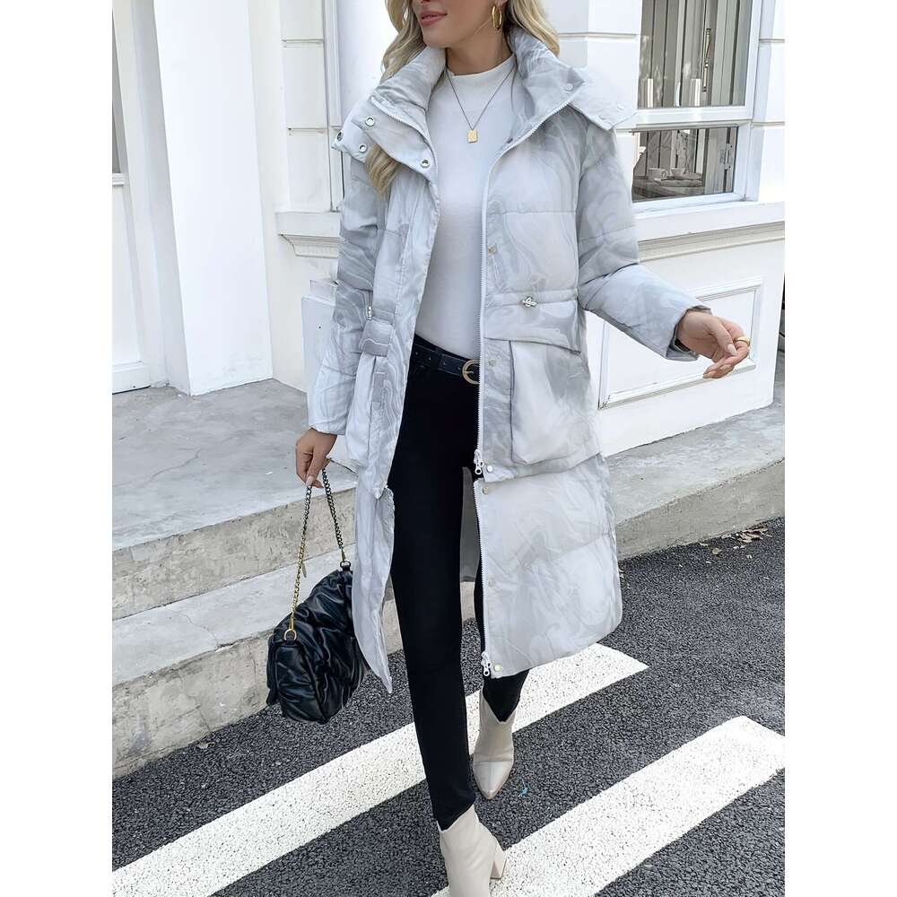 Women S Ink Print Hat Edge Fashionable Long Goose Vulley Jacket Hem Can Be Detached And Used For One Clothes