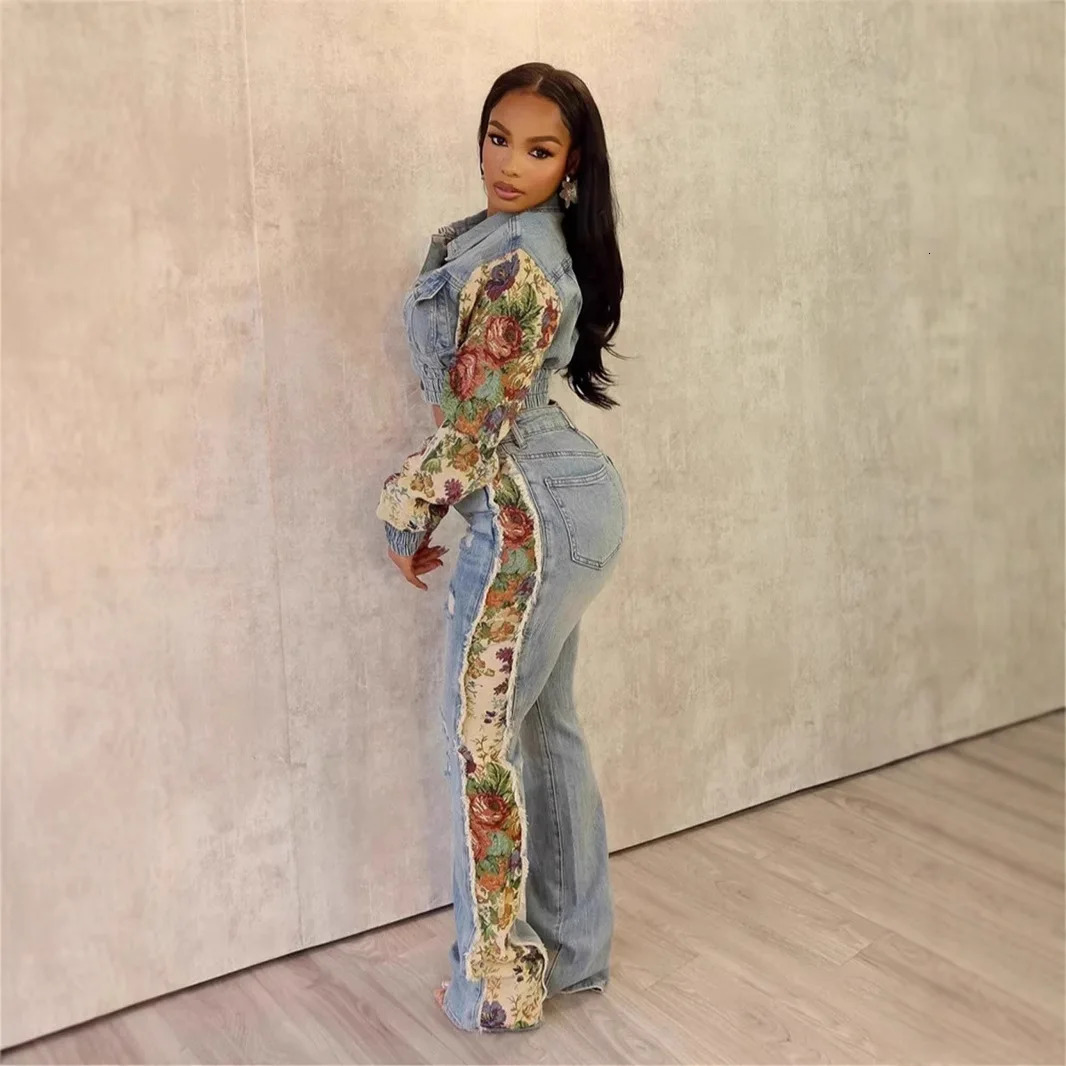 Jeans Suit Women Denim Two Piece Set Short Coat Pants Outfits Hole Trousers Flower Print Turn Down Collar Autumn Y2k 251029