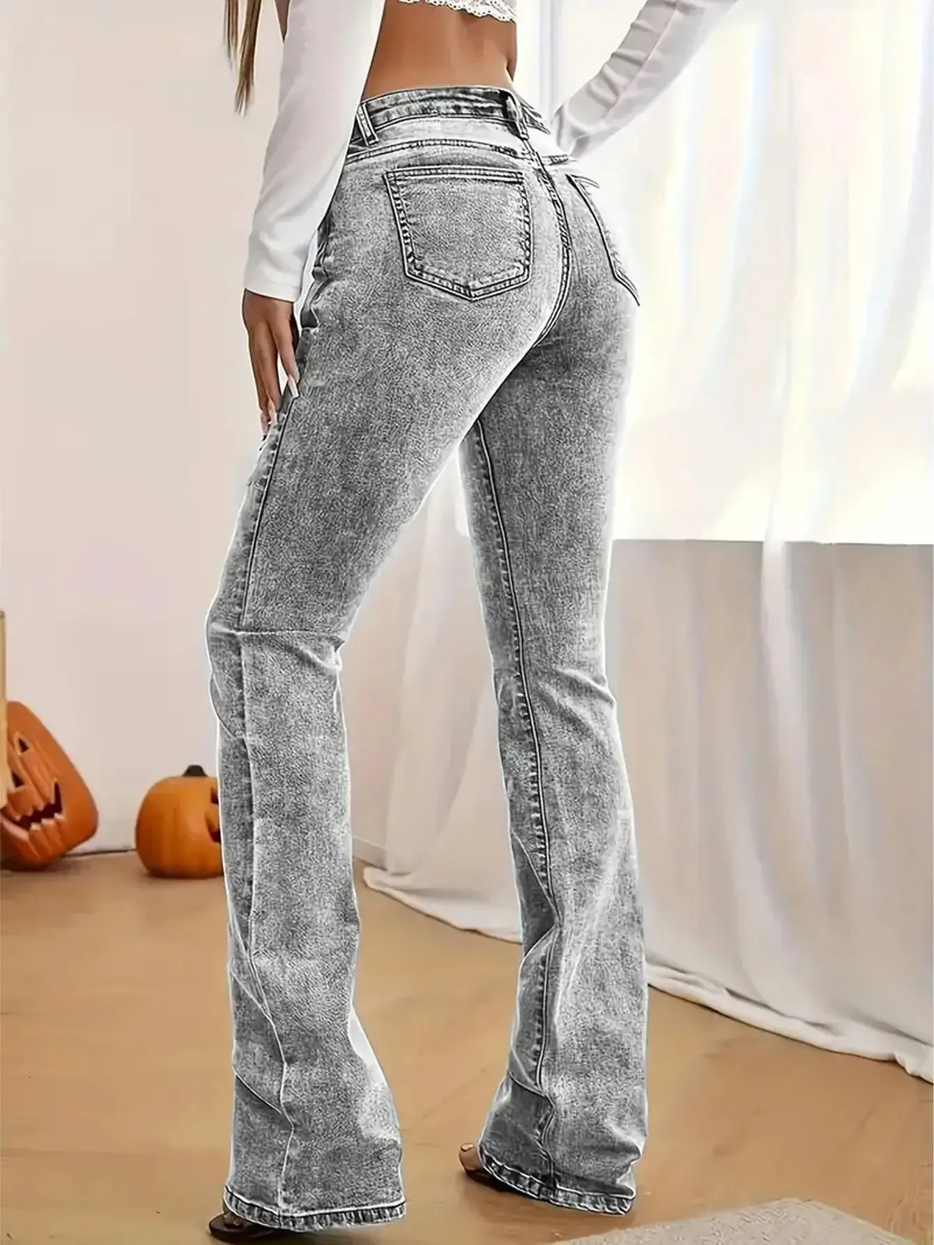 Jeans for Woman Y2k Jeans Gray Stretch Flared Minimalist Comfort Fit Retro Style High Waist Vintage Fashion Trendy 251029