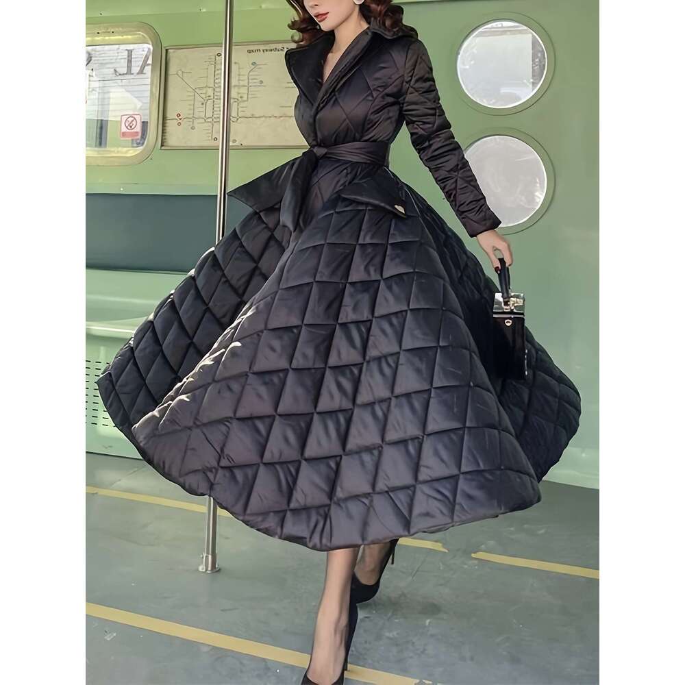 Women S Elegant Long Sleeve Coat Dress A Line Silhouette With Belt Detail Flared Hem Solid Black Non Stretch Fabric Hand Wash Only Latin Inspired