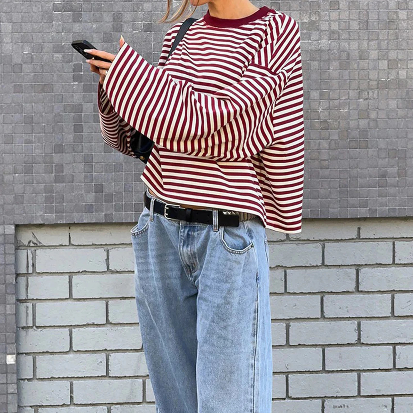 Striped Long Sleeve T Shirt Women Y2k Oversized Crewneck Sweatshirt Aesthtic Vintage Autumn Drop Shoulder Cute Going Out Tops 251030