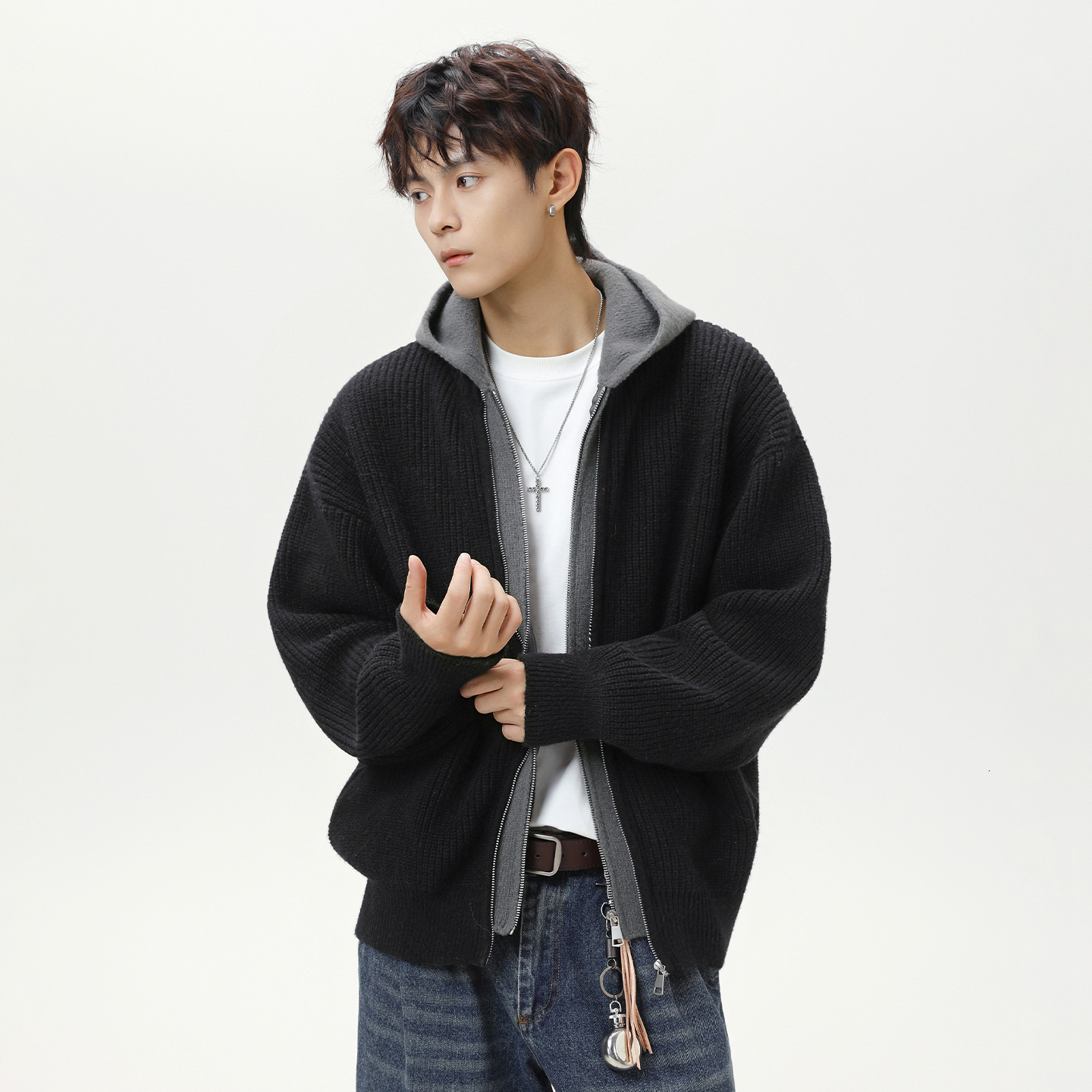 Fake Two-piece Cardigan Hooded Sweater For Men Autumn And Winter Imitation Deer Fur Plush Texture Lazy Style Designer Sweater Knitted Sweater Oversize
