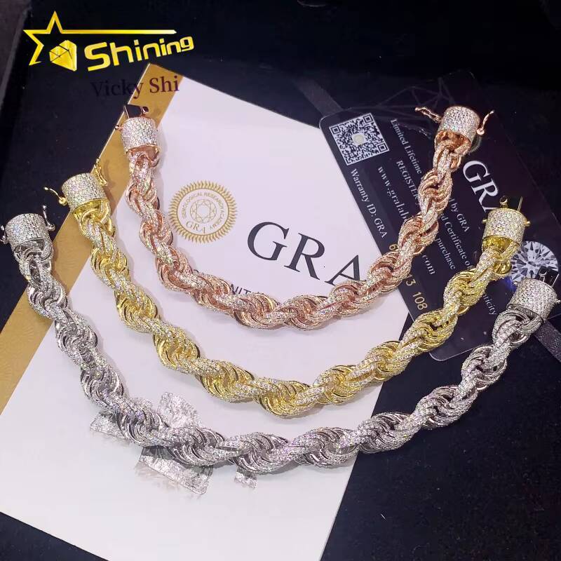 Moissanite Hip Hop Jewelry Gold Plated 6MM10MM VVS Moissanite Rope Chain S925 Silver Men Moissanite Bracelet