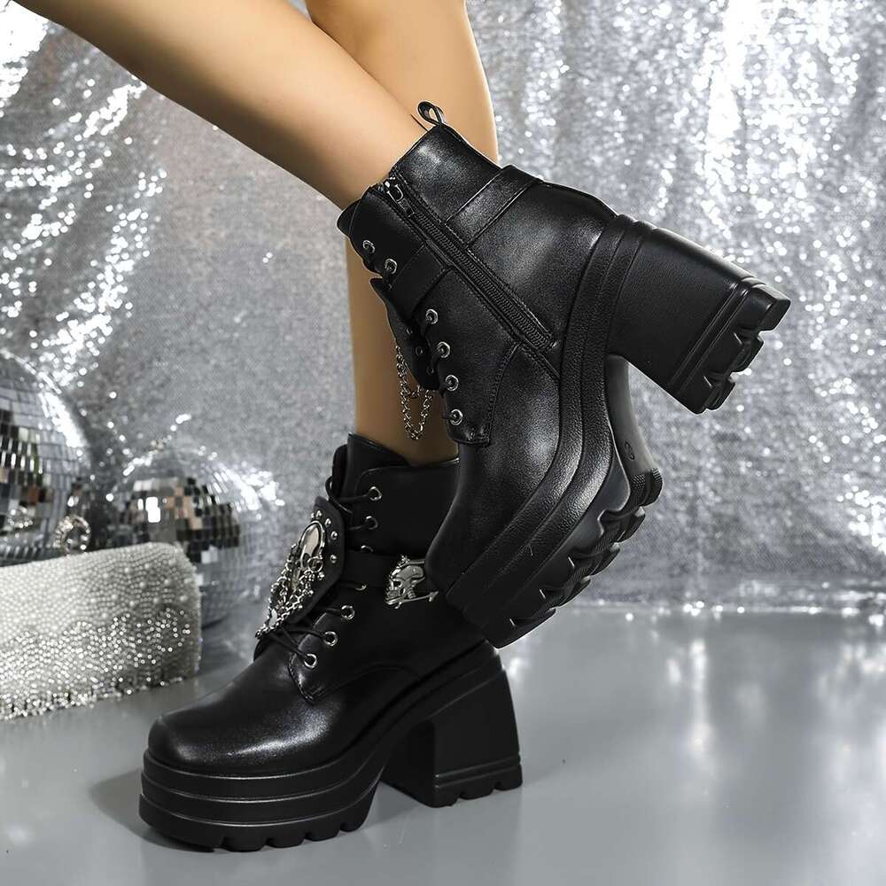 Black Platform Gothic Boots For Women Chunky High Heeled Combat Ankle Boot Lace Up Zipper Punk Short Booties