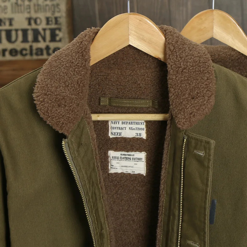USN 100 Cotton JUNGLE CROSS American Vintage Workwear Winter N1 Deck Suit Thick Plush Coat Mens Retro Khaki Lamb Wool Jacket 251029