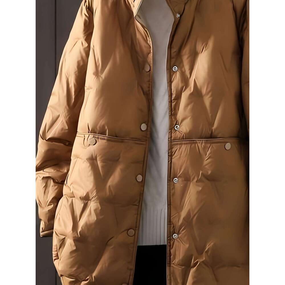 Women S Coat Thick Insulated Long Jacket With Stand Up Collar Front Button Closure Non Stretch Fabric For Cold Weather Office Everyday Formal Events