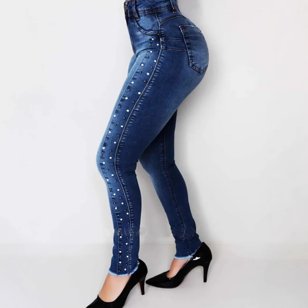 Slimming Hiplifting Highwaisted Smallleg Jeans Four Seasons Fashionable Diamondbeaded Casual Pencil Jeans for Women 251029