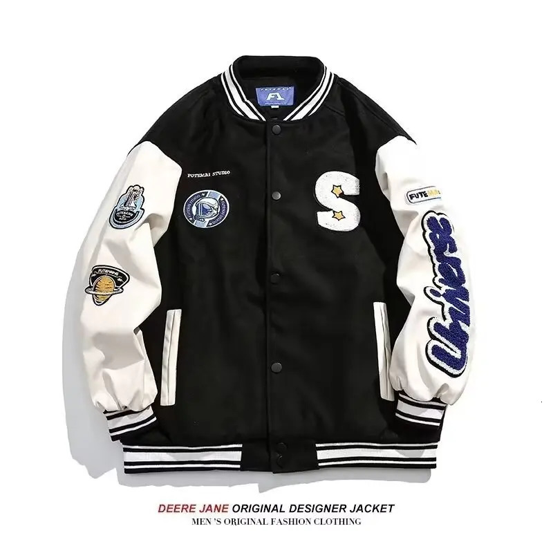 Vintage Baseball Jacket Men Women Couple Klein Blue PU Sleeves Bomber Mens Outwear Fashion Coat Man 251028