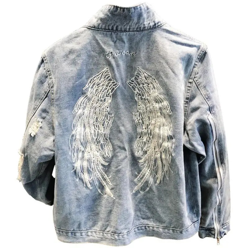 Vintage Distressed Denim Jacket Mens Angel Wings Embroidery Loose Fit Zip Cuff Ripped Elbow Korean Spring Fall Streetwear Coat 251016