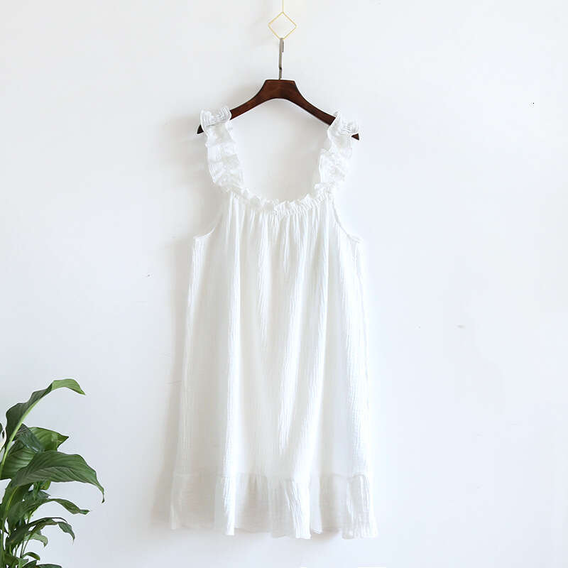 Nightdress for Women Summer Gauze Pure Cotton Thin Strap Nightgown Loose Mid-Length Sweet Cute Long Dress Homewear