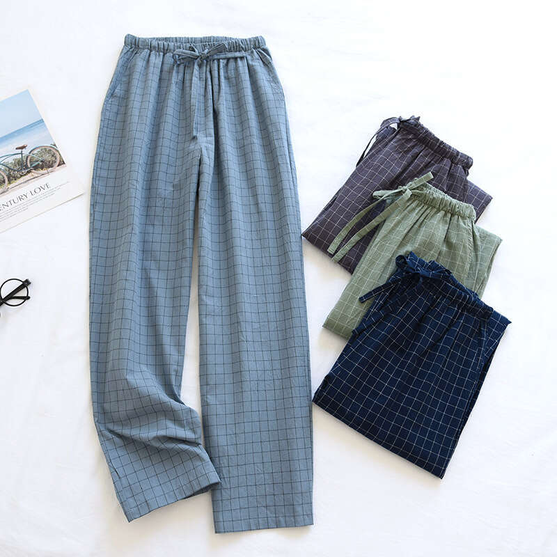 Washed Men's Pajama Long Pure Cotton Spring Autumn Summer Thin Plaid Home Pants Loose Fit Large Size