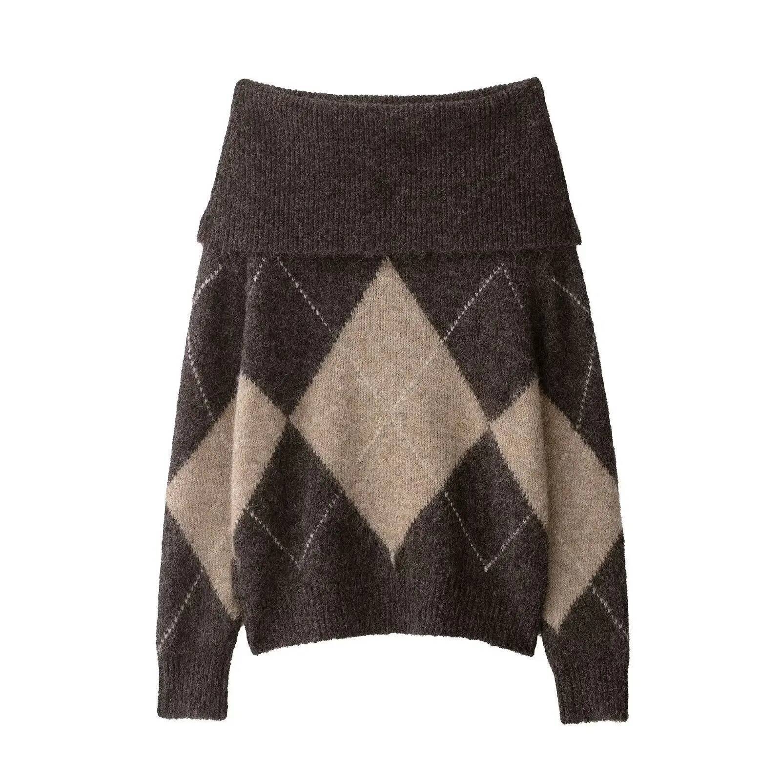 winter jacket women Woman's Argyle Knitted Pullover Sexy One-shoulder Long Sleeved Slim Fit Casual Cropped Sweater Early Autumn New Female Top