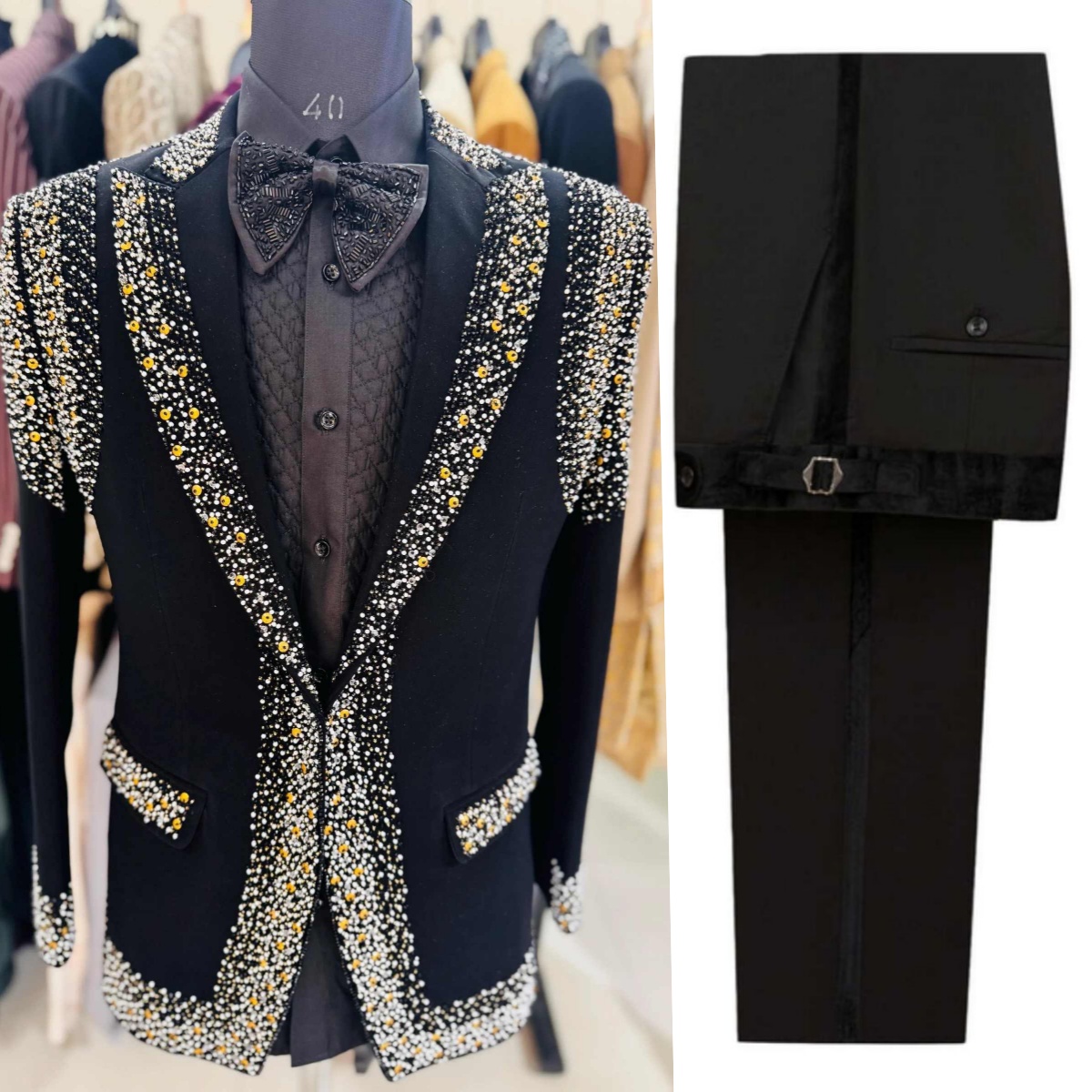 Exquisite Men Suits 2 Pieces Peaked Lapel Crystals Beadeds Business Work Jacket Sets Plus Size Formal Party Customized Wear