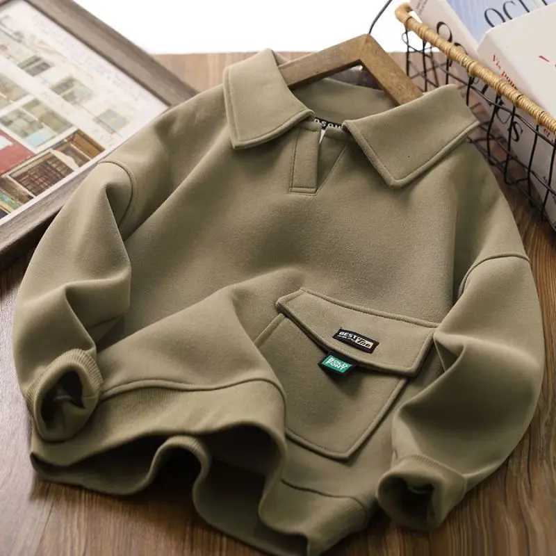 Spring Autumn Sweatshirt Boys Flip Neck Head Pullover Childrens Casual Fashion Top 2024 New Teenagers Solid Color Clothes 414YT251030