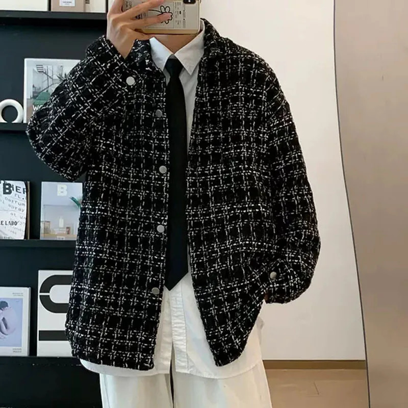 Mens SpringAutumnWinter Woolen Tweed Slim Fit Collarless Jacket with Color Blocking Design for a Youthful Look 251029