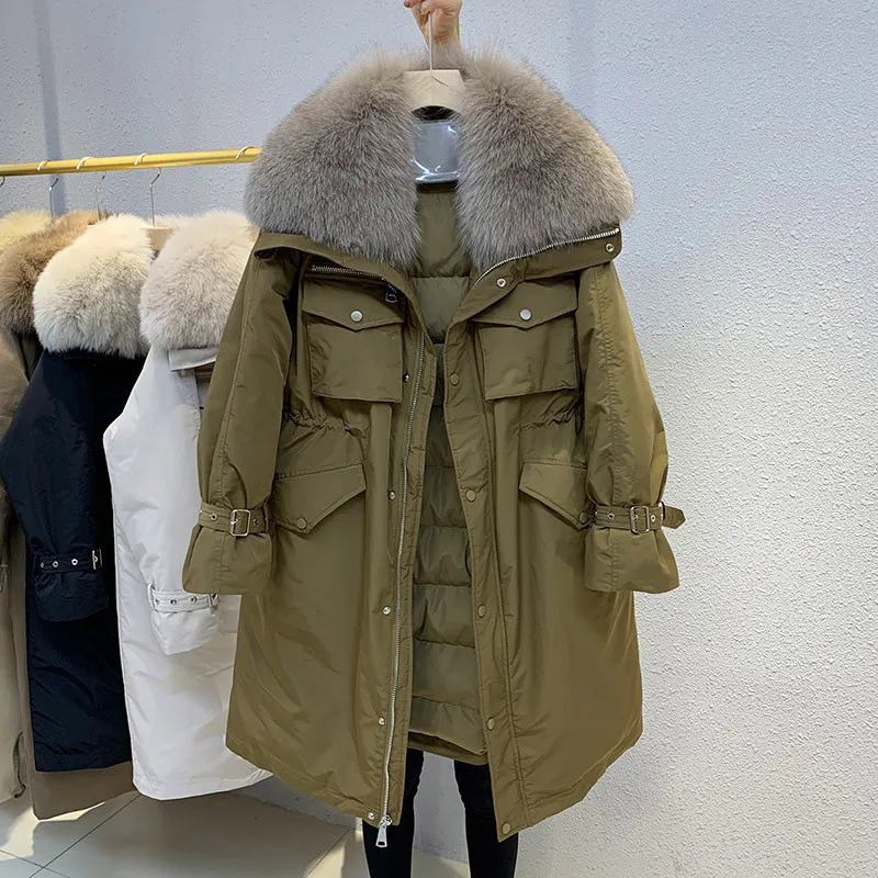 Winter 90 White Duck Down Jacket Long Fox Fur Collar Parkas Coat Women Winter Warm Thicken Jacket Outwear 251023