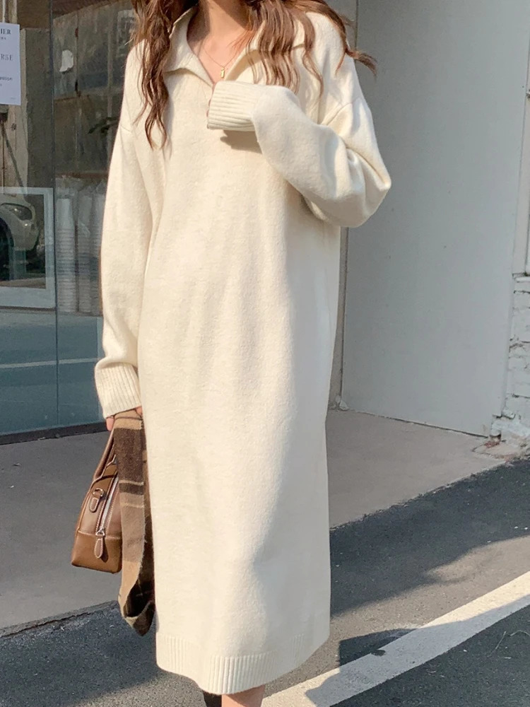 in Women Autumn Winter Lapel Full Sleeve Solid Long Knitted Dress Casual Thicken Warm Loose Sweater Female Vestidos 251027