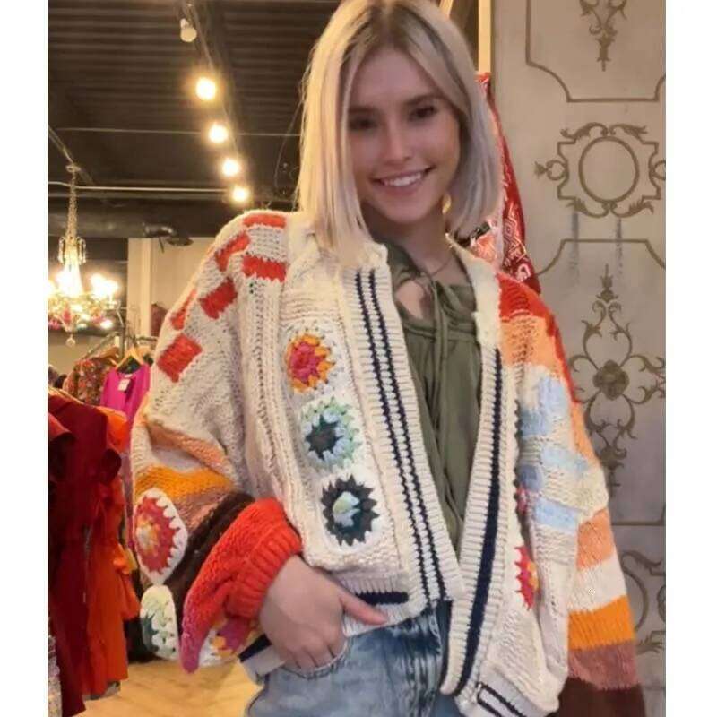 YENKYE Multicolor Handmade Crochet Cardigan Sweater For Women Lantern Sleeve Loose Boho Coat Autumn Winter Outerwear
